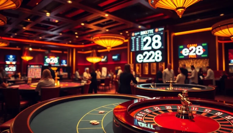 Experience the thrill of e28 at a lively casino with a buzzing poker table and spinning roulette wheel.