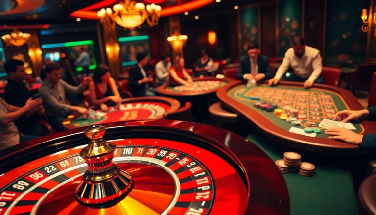 Experience the exhilarating atmosphere of e28 casinos with players engaged in their favorite games, vibrant roulette wheels, and colorful poker chips.