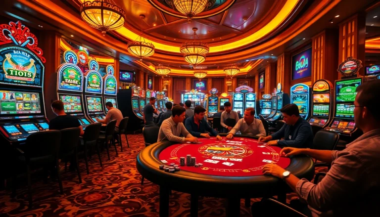 Exciting players betting at a bustling poker table in a casino setting resembling https://88aavega.com/ offering vibrant gaming experiences.