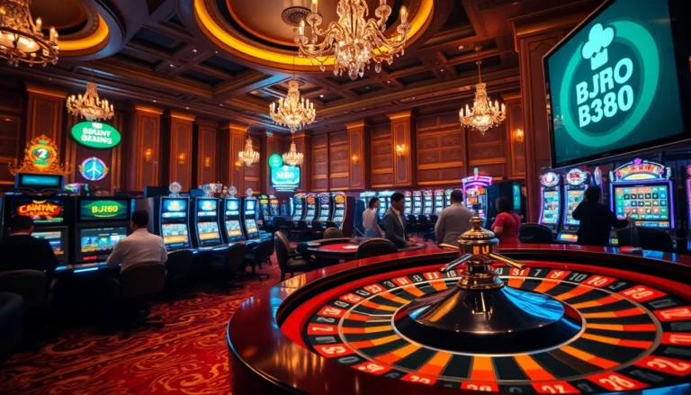 Experience the thrill of betting at https://bj88.fans/ with vivid casino games highlighting roulette, slot machines, and excited players.