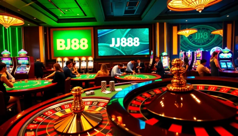 Experience the thrill of BJ88 Casino with vibrant games, players enjoying poker and a roulette wheel spinning excitingly.