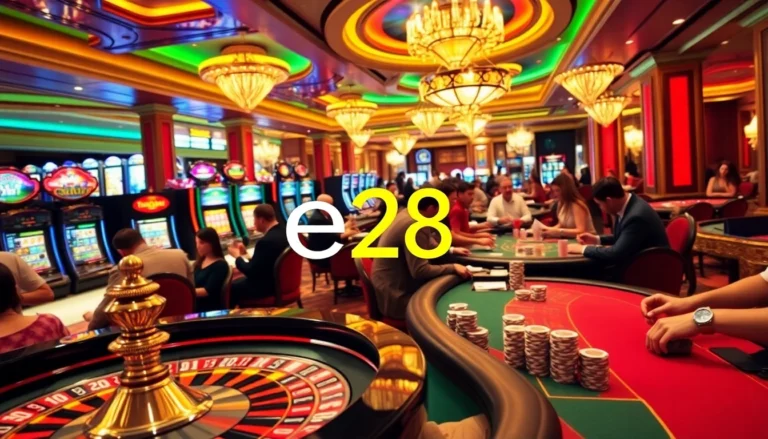 Exciting casino scene with engaged players at the e28 roulette table.