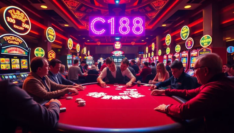 C168 poker table action with players and vibrant chips in a casino