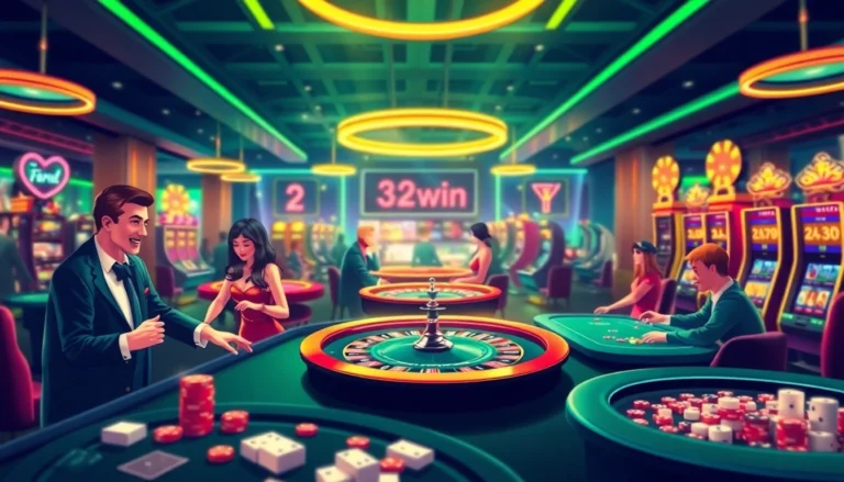 Experience the thrilling atmosphere of gambling at 32win1 casino with players enjoying roulette and poker games.