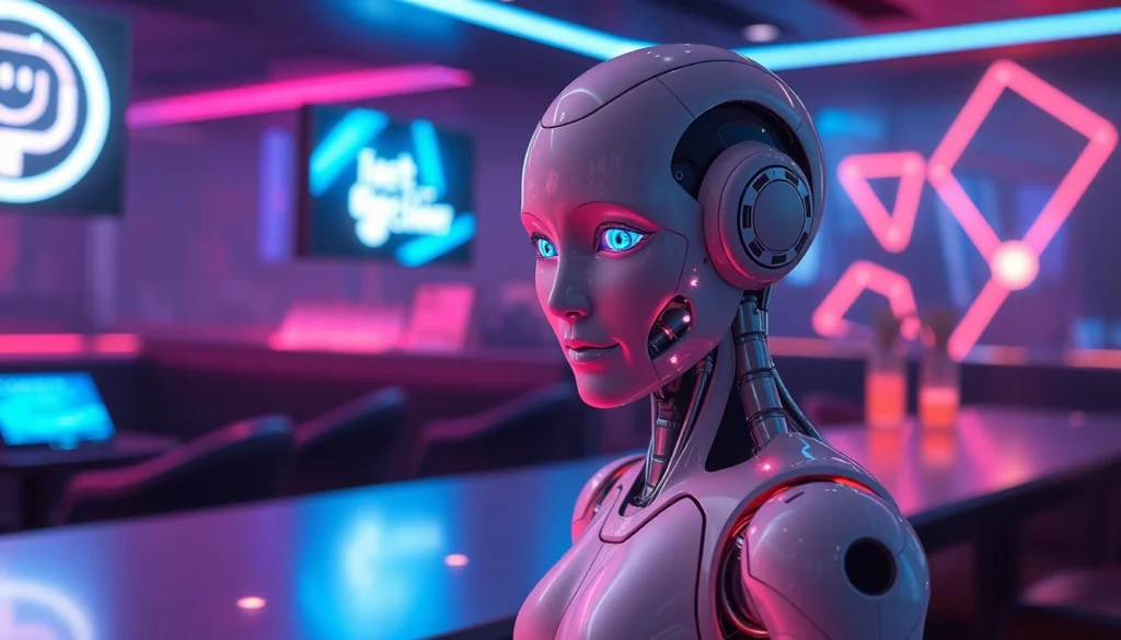 An ai sex bot invites interaction in a futuristic lounge, showcasing high-tech features and a welcoming design.