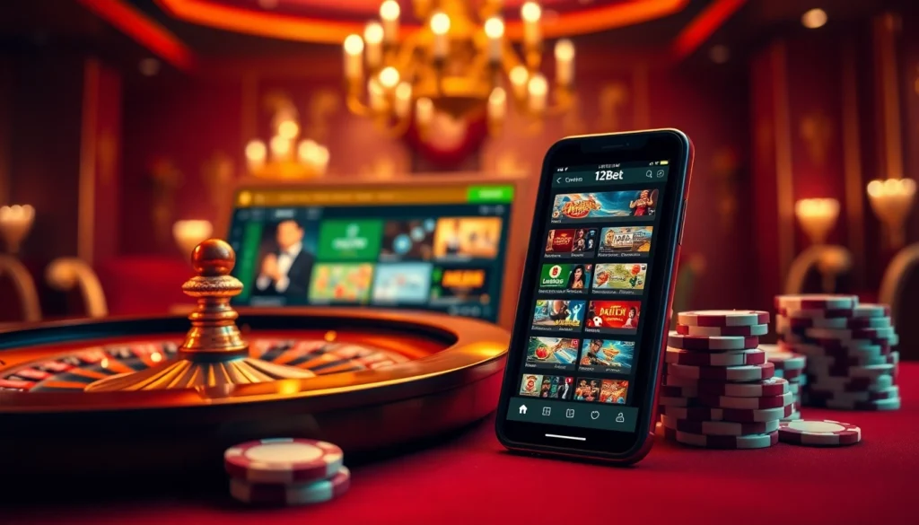 Engage with link 12bet by exploring a vibrant online casino scene filled with poker chips and a roulette wheel.