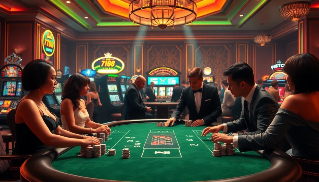 F168 VIP players engage in intense poker strategies at a luxurious table in a glamorous casino setting.
